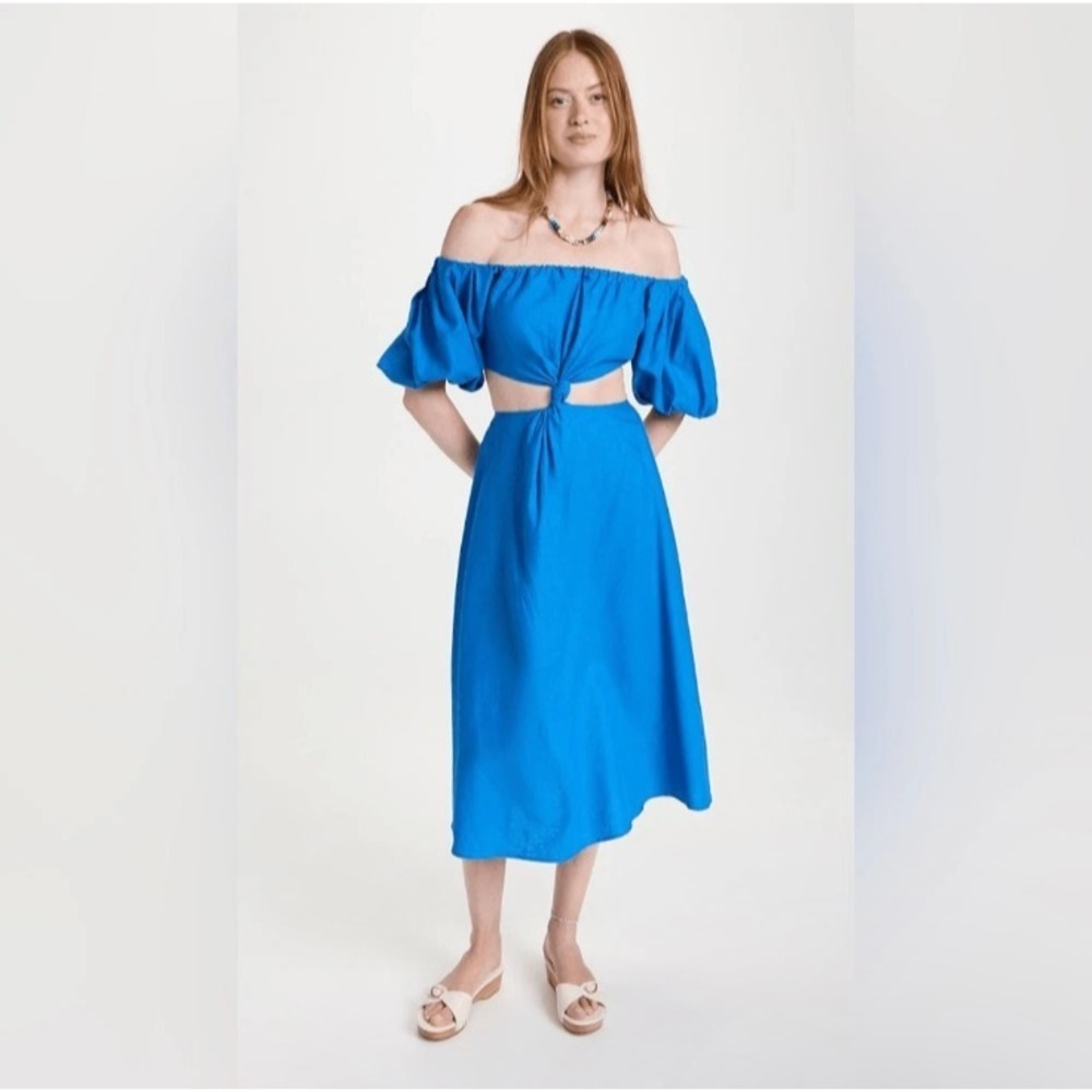 Farm Rio Knotted Cut Out Dress M Blue Midi Puff Sleeve Coastal Boho Linen Blend